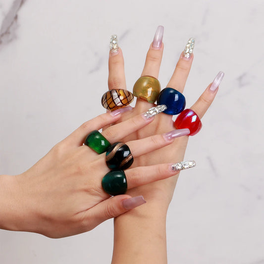 Vintage Murano Glass Chunky Finger Unique Multicolor Stripe Liuli Rings