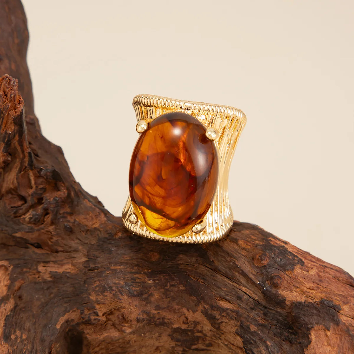 Rock Punk Hip Hop Vintage Elegant Black Brown Shading Resin Stone Chunky Metal Ring