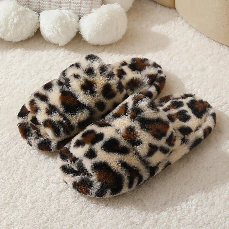 Leopard Pattern Plush Winter Open Toe Soft Sole Fuzzy Warm Faux Fur Slippers
