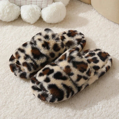 Leopard Pattern Plush Winter Open Toe Soft Sole Fuzzy Warm Faux Fur Slippers