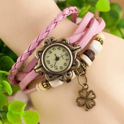 Vintage Leather Bracelet Butterfly Clover Pendant Quartz Watch