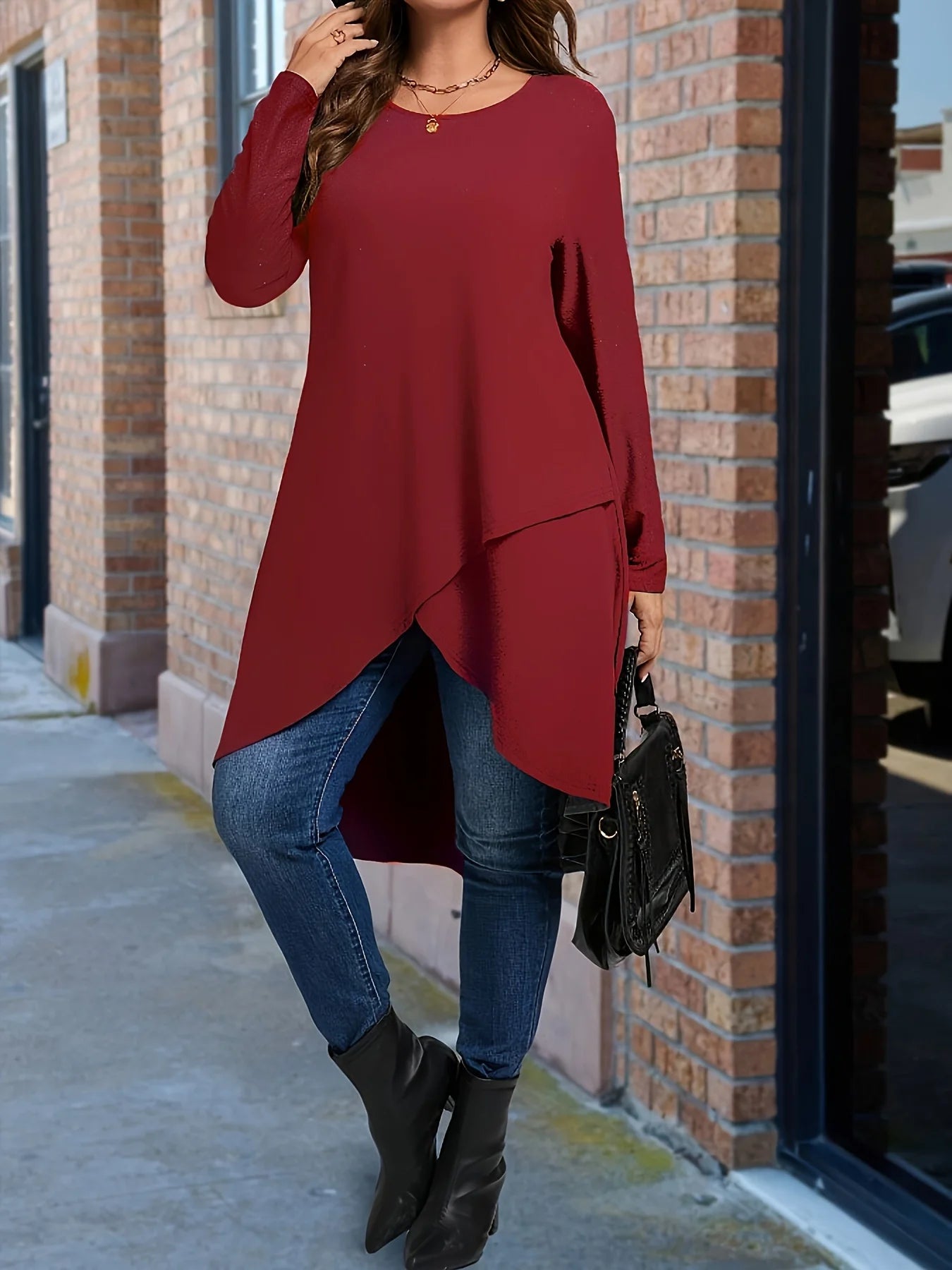 Plus Size Long Sleeve Elegant Crew Neck Asymmetrical Dipped T-shirt
