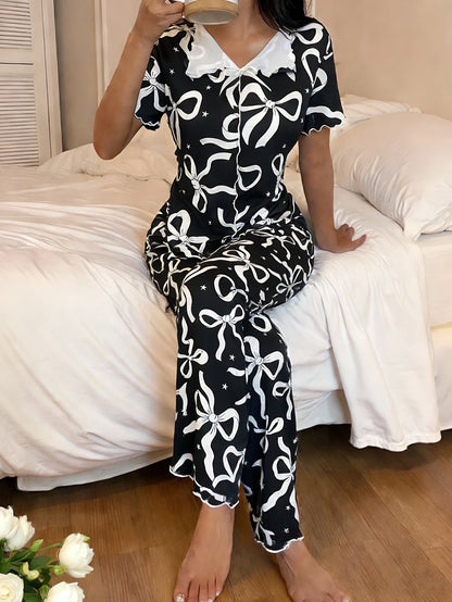 Valentine's Day Romantic Bowknot Floral Sleepwear Pajamas Set