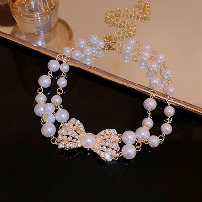 Big Imitation Pearl Necklace Bow Choker Necklace