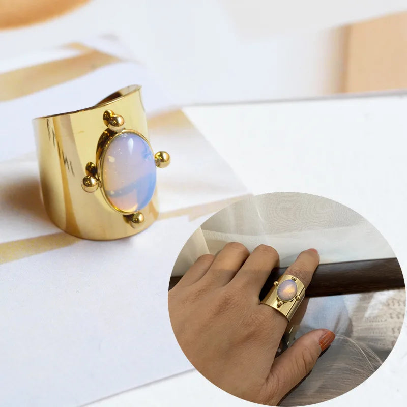 Creative Gold Plated Stainless Steel Simple Geometric Round Natural Stone Ring