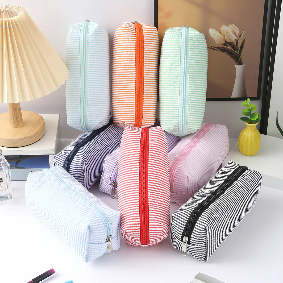 Cute Striped Canvas Pencil Case Small Travel Pouch with Zipper