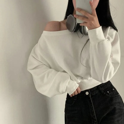 Korean Style Retro Long Sleeve T Shirt Solid Color Casual Sweatshirts