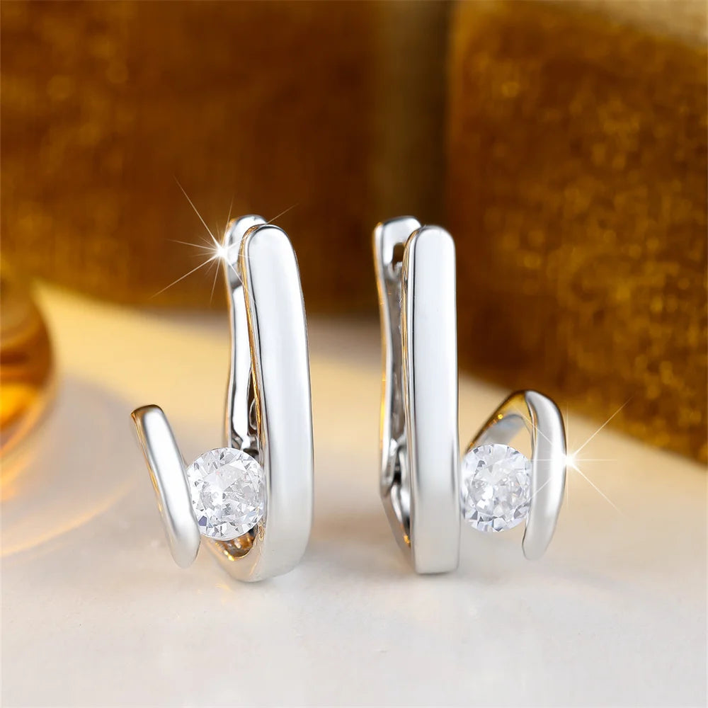 White Zircon Round Stone Geometric Hoop Earrings