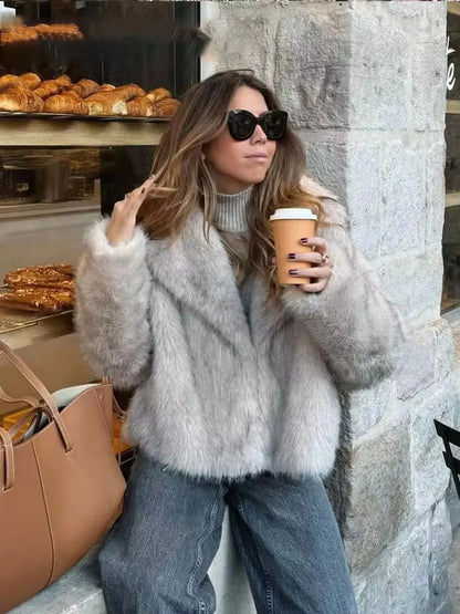 Elegant Faux Fur Warm Fluffy Loose Long Sleeve Lapel Jacket