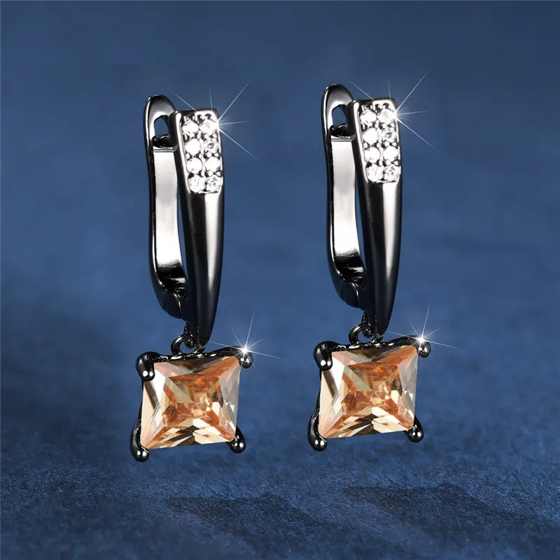 Geometric Crystal Antique Black Zircon Square Stone Earrings