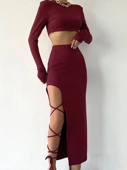 Pullover Long Sleeve Split Legless Sexy Skirt Set