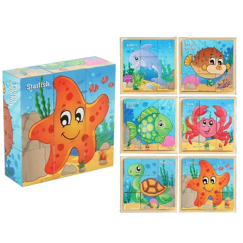 3D cube Wooden puzzle nine pieces six-sided wooden block tray