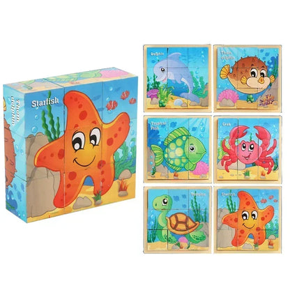 3D cube Wooden puzzle nine pieces six-sided wooden block tray