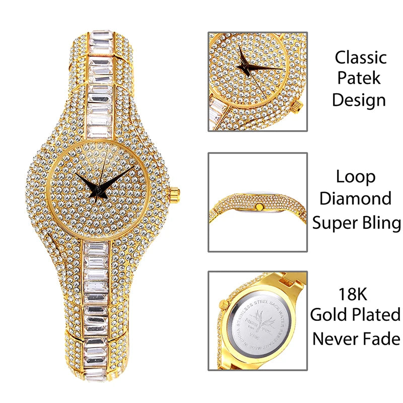 Baguette Diamond Luxury Gold Shockproof Waterproof Small Watch
