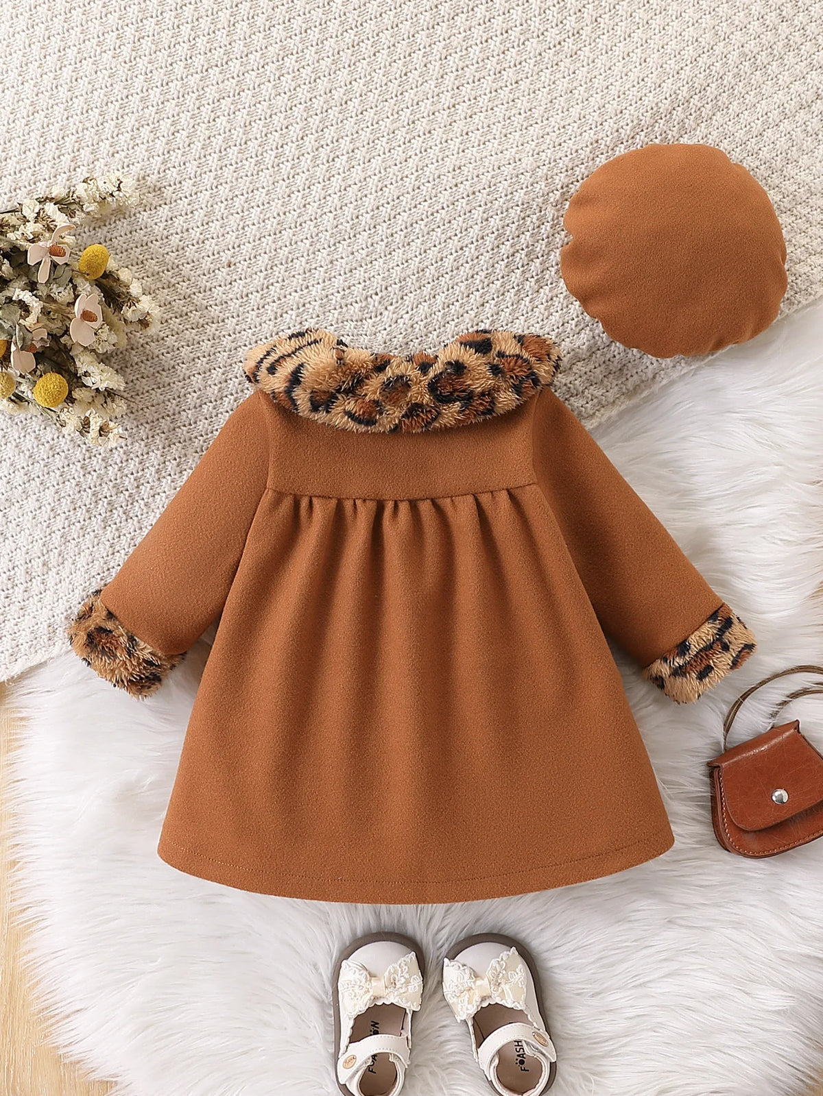 Retro Leopard Print Doll Collar Woolen Coat Set