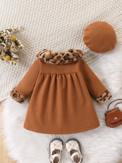 Retro Leopard Print Doll Collar Woolen Coat Set