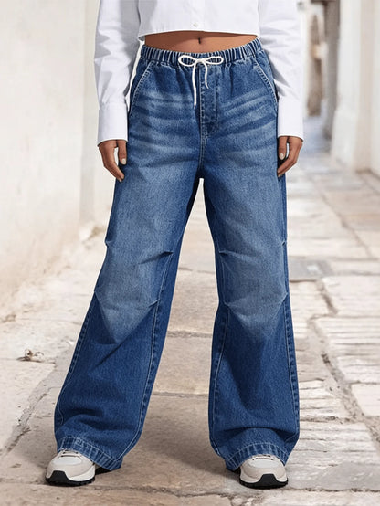 Vintage High-Waisted Drawstring Wide Leg Jeans