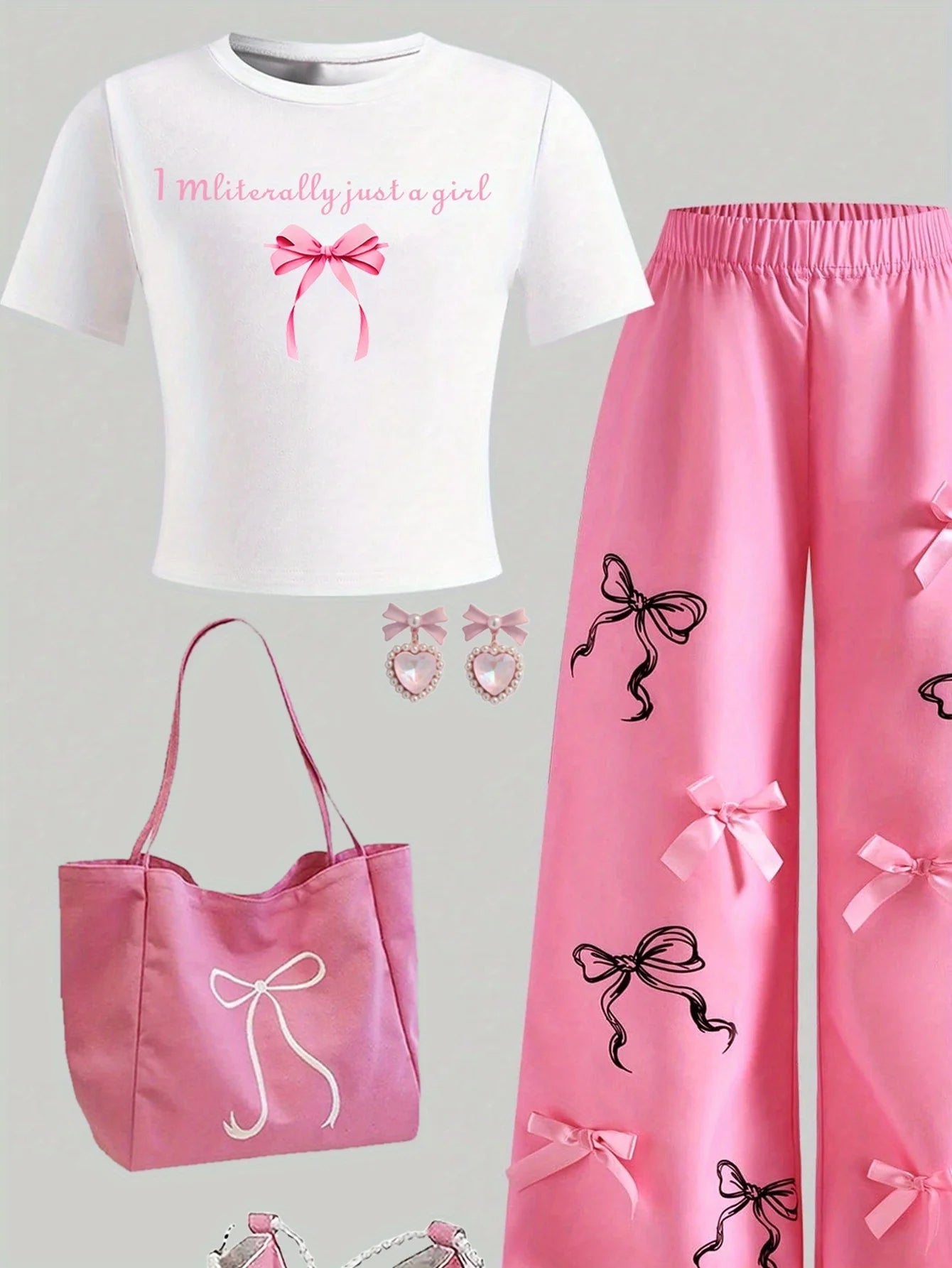 Letter-Print Short-Sleeve T-Shirt and Hot Pink Bow Wide-Leg Pants Set