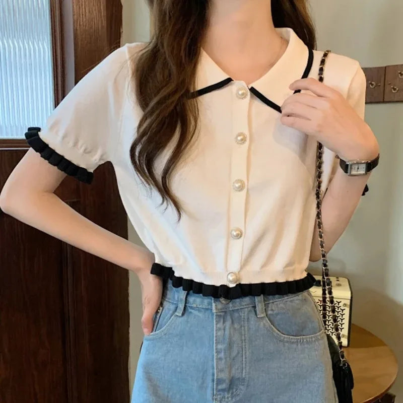 Korean Knitted Turn Down Collar Blouse