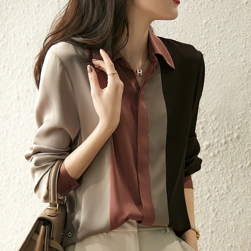 Satin Button Blouse Long Sleeve Polo Collar Shirt