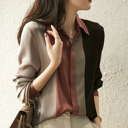 Satin Button Blouse Long Sleeve Polo Collar Shirt