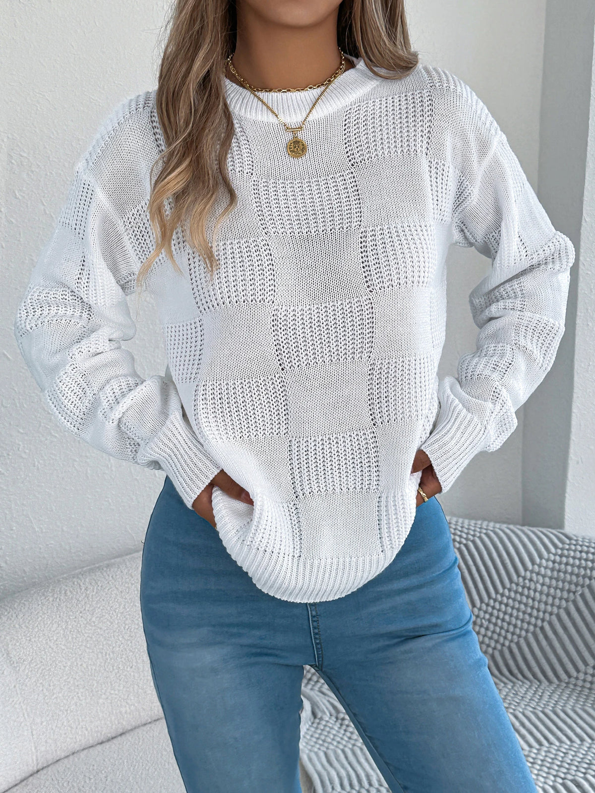 Solid Plaid Round Neck Long Sleeve Knit Cozy Sweaters