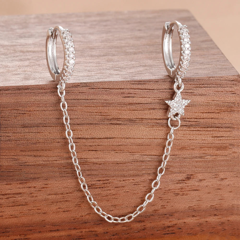 Stainless Steel Gold Color Chain Dangle Drop Zirconia Earrings