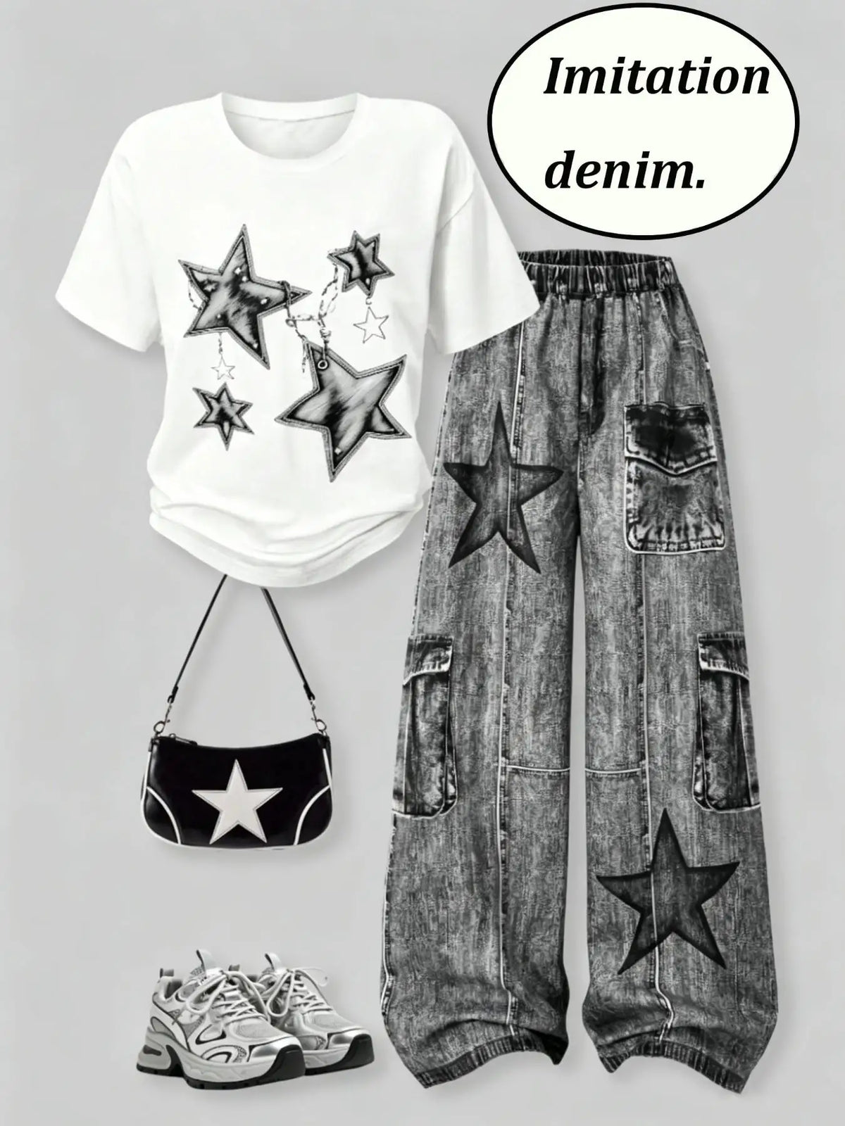 Casual Star-Printed T-Shirt + Faux Denim Cargo Pants Two-Piece Set i
