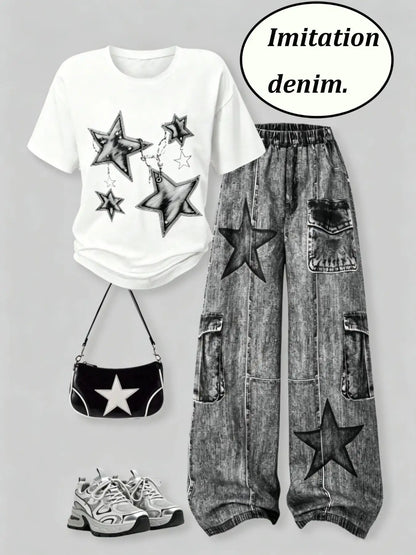 Casual Star-Printed T-Shirt + Faux Denim Cargo Pants Two-Piece Set i