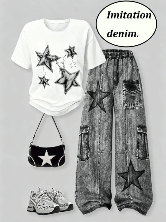 Casual Star-Printed T-Shirt + Faux Denim Cargo Pants Two-Piece Set i