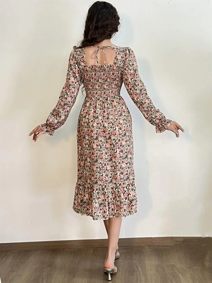 Long Sleeve Casual Chiffon Floral Elastic Chest Lace Up Midi Dress