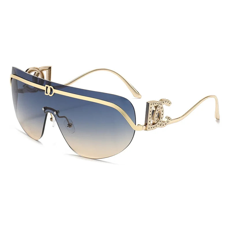 Rimless Shield Aviator Gold Metal Frame Sunglasses