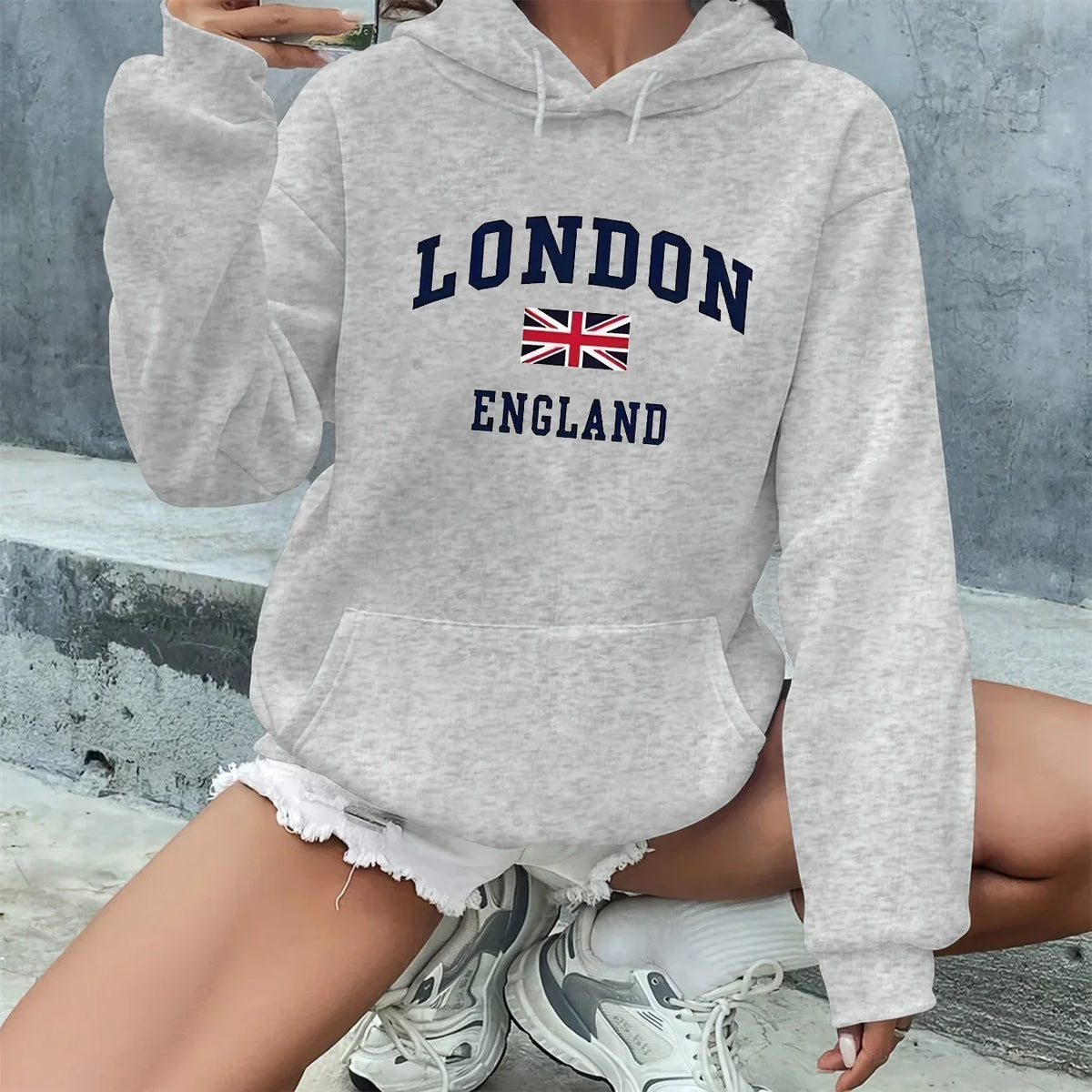 Casual Loose London England Print Hooded Long Sleeved Warm Pullover