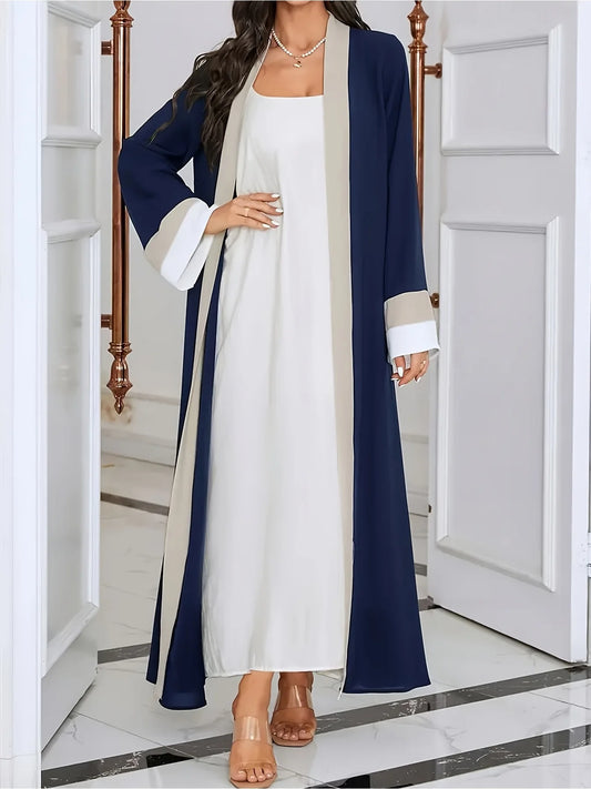 Casual Ramadan Open-Neck Long-Sleeved Color-Block Slim-Fit Dress