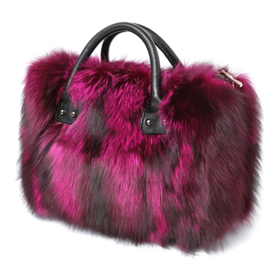Real Fox Fur Large Size Plush Crossbody Luxury Handbags Fluffy Tote Bag