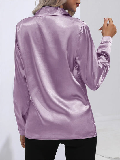 Elegant Turn-Down Collar Satin Long Sleeve Blouse