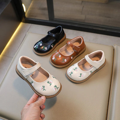 Leather Flowers Flats Mary Janes Soft Shoes