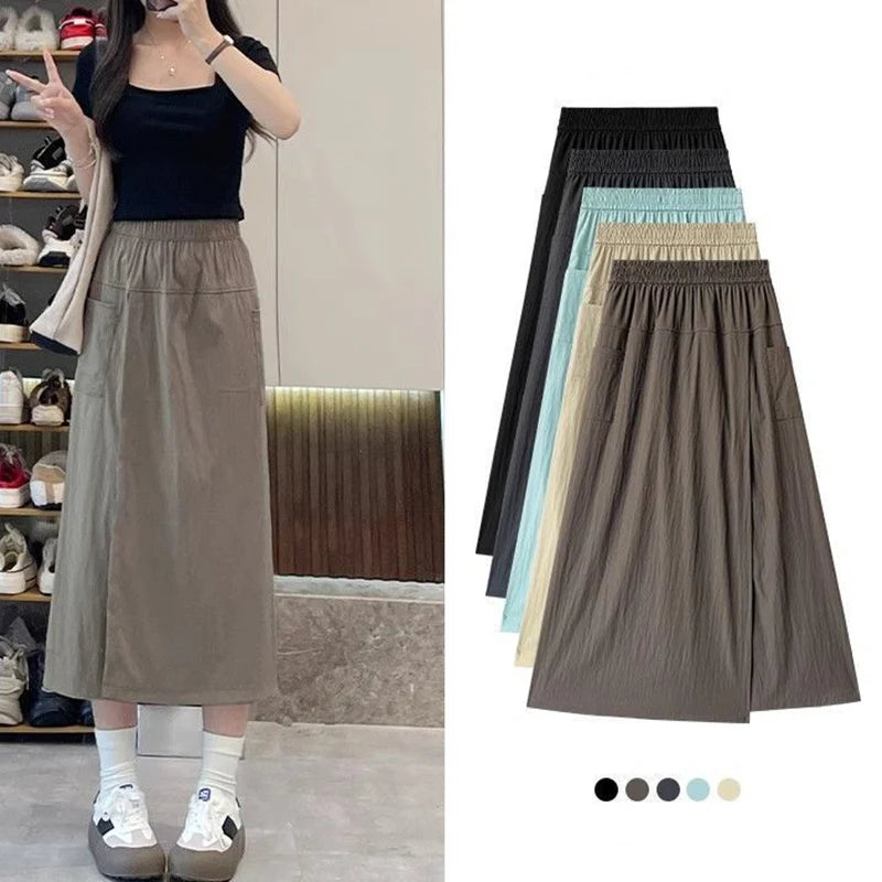 Loose Fit Thin Pants High Waist Slit Korean Midi Cargo skirt