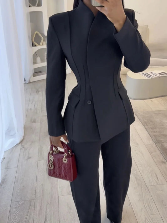 Three-dimensional cut high collar slim suit jacket  Set