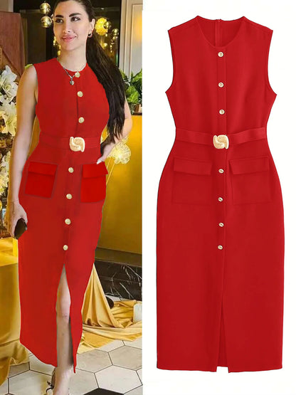 Elegant Sleeveless Button Down Ashirt dress with Belt Front Slit Dress