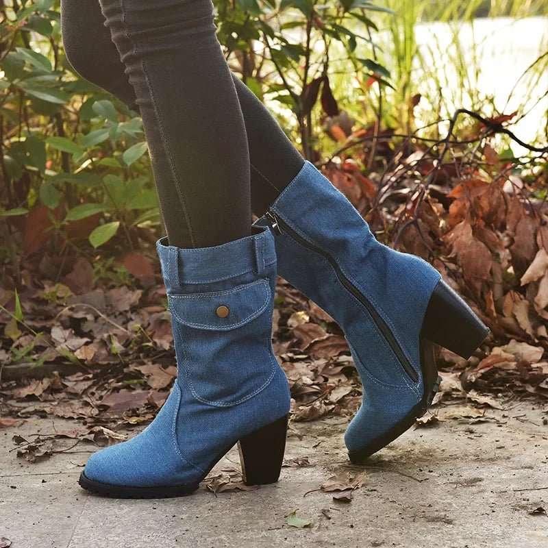 Cowboy Pointed Denim Casual Temperament High Heels Boots
