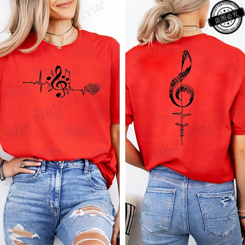 Musical Notes Printed Heartbeat Music Graphic Tee Shirts