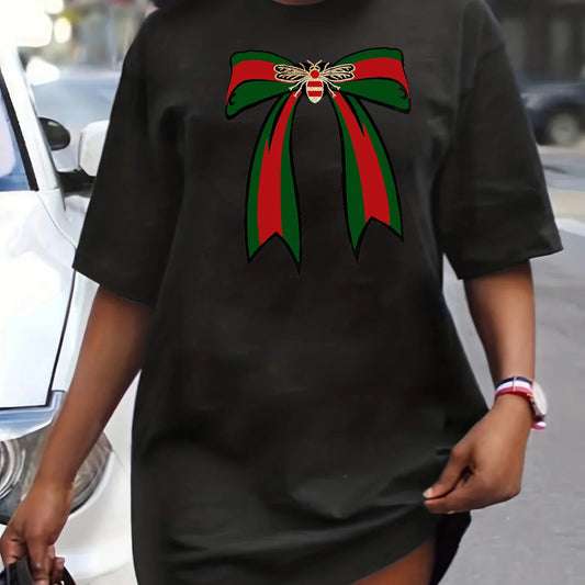 Loose plus size bee bow pattern T-shirt