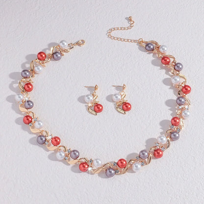 Retro Leaf shaped Multicolored Pearl Necklace Set