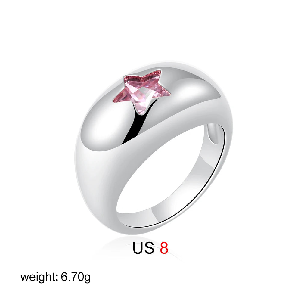 Waterproof 18K Gold Chubby Star Sleek Stainless Steel Pink Zircon Dome Finger Ring