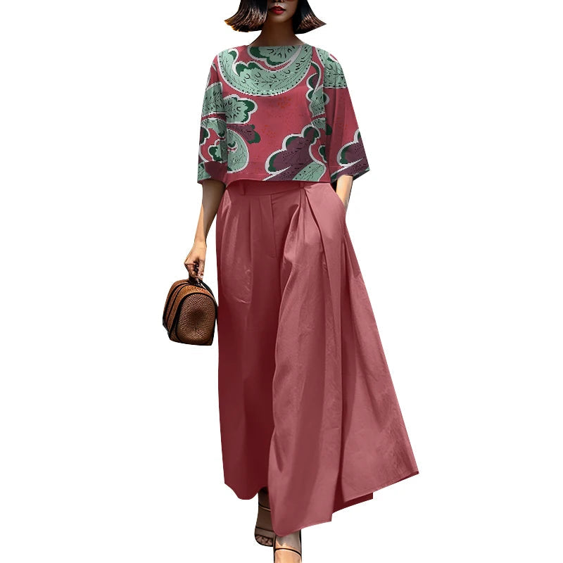 3/4 Sleeve Blouse Trousers Suits Wide Leg Pants Sets