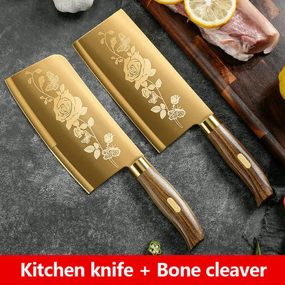 Golden Rose Pattern Kitchen Knife Set