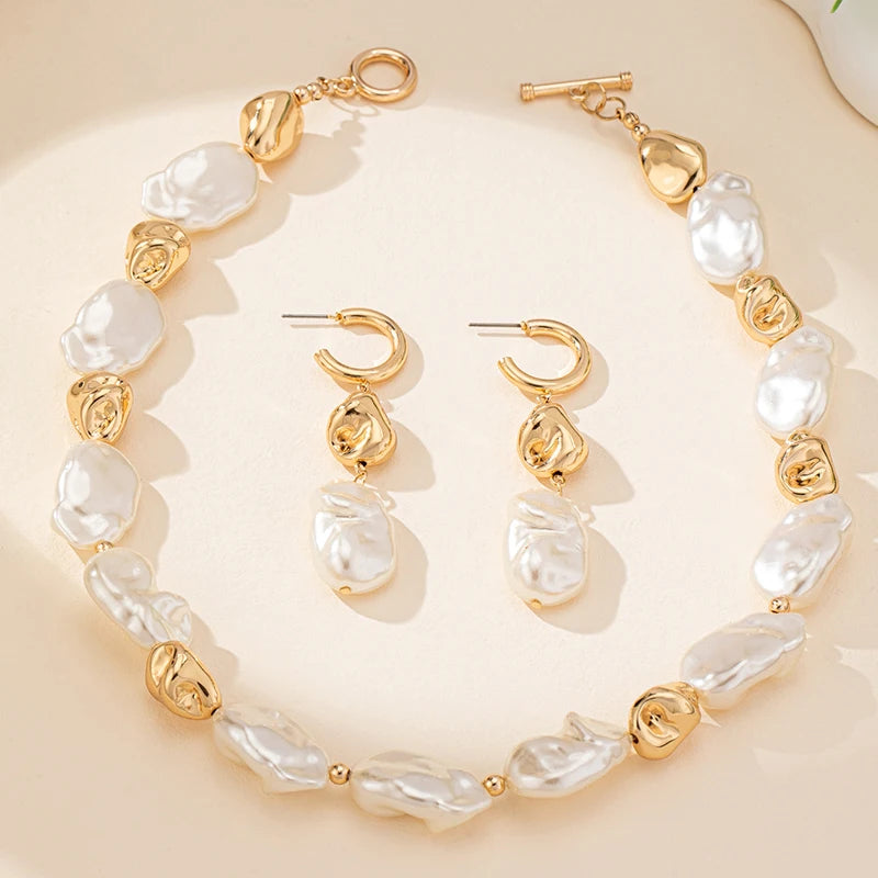 Elegant Palace Style Pearl Necklace Earring Jewelry Set