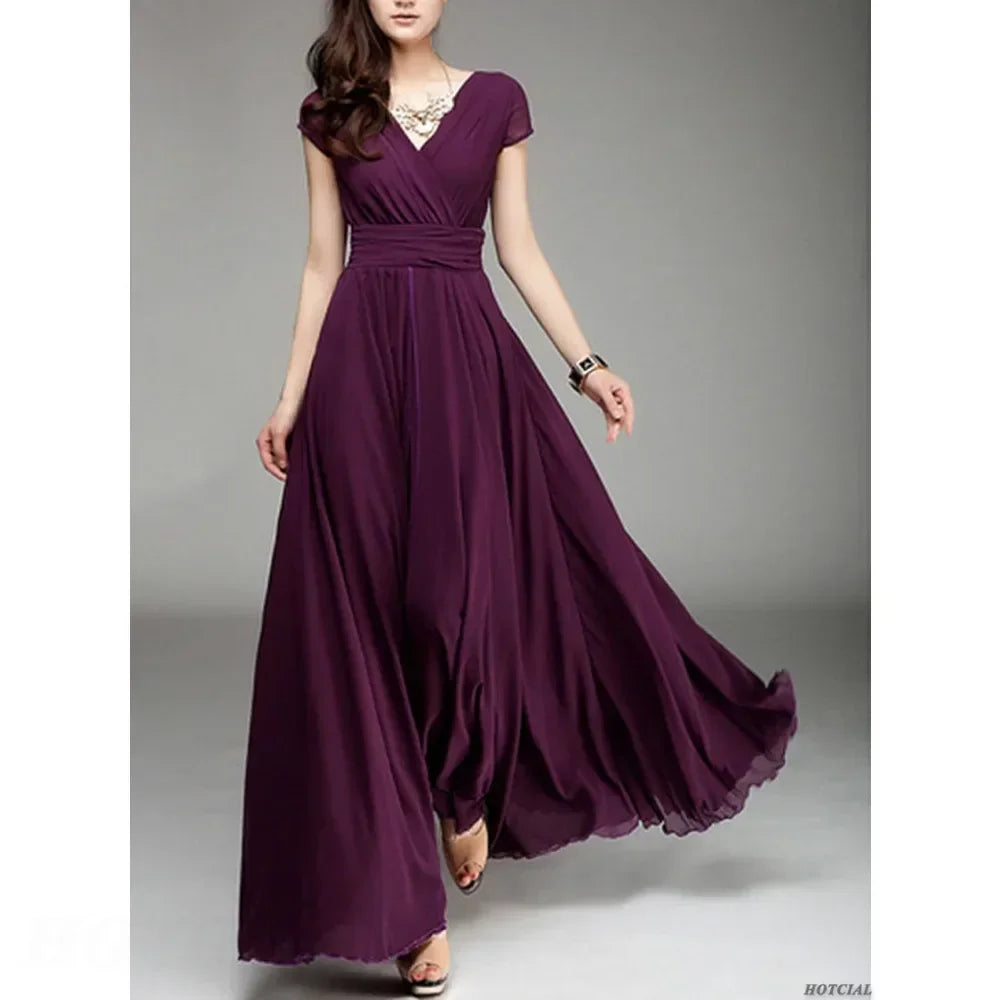 Short Sleeve Long Cocktail Chiffon High Waist Dresses