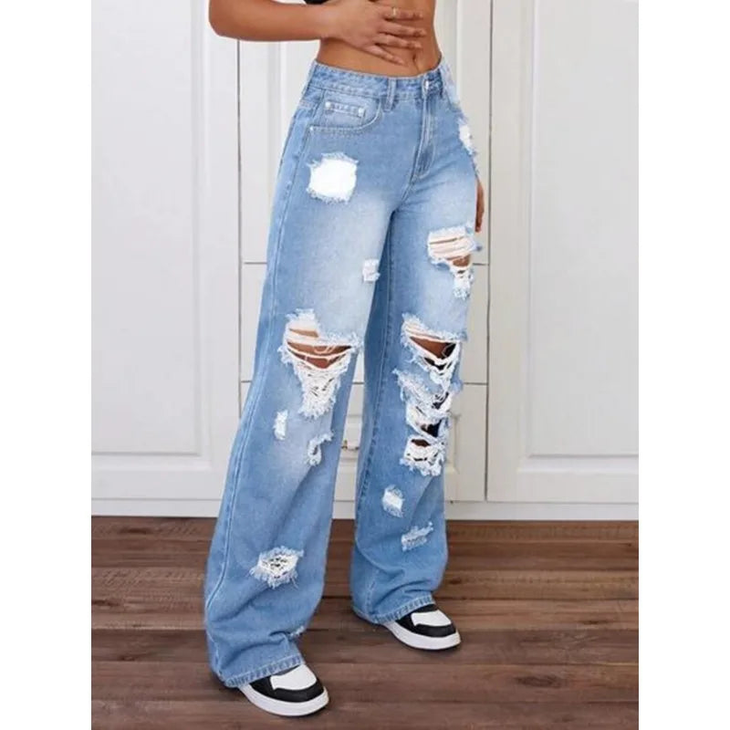 Light Blue Distressed Baggy Relaxed Fit Wide Leg Jeans Pants